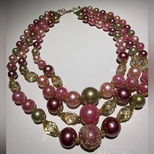 Vintage 3 Strands Different Shades of Pink Gold Clear Fuchsia Beaded Necklace
